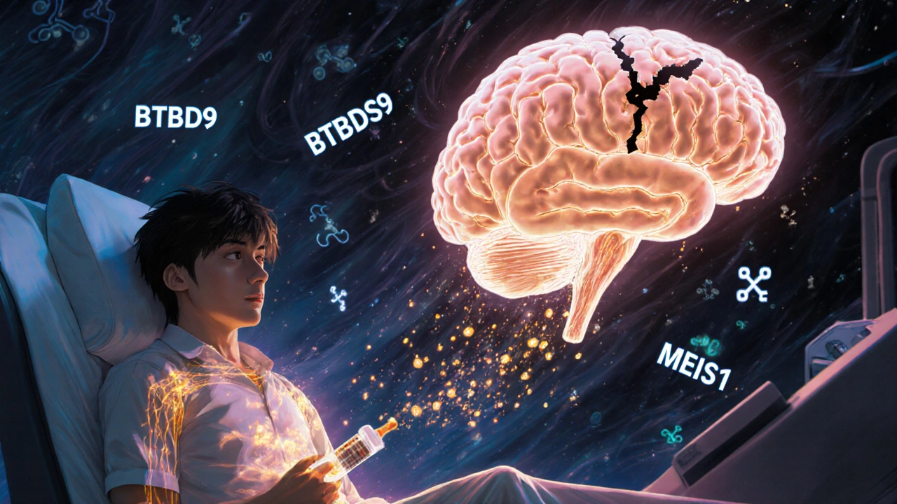 A patient receiving an IV iron infusion with glowing particles flowing into their veins and a brain releasing dopamine molecules.