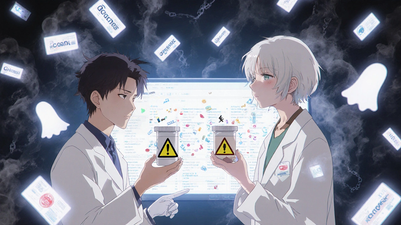 A pharmacist holding two pills, one normal, one emitting warning symbols, with floating ingredient labels swirling around them.
