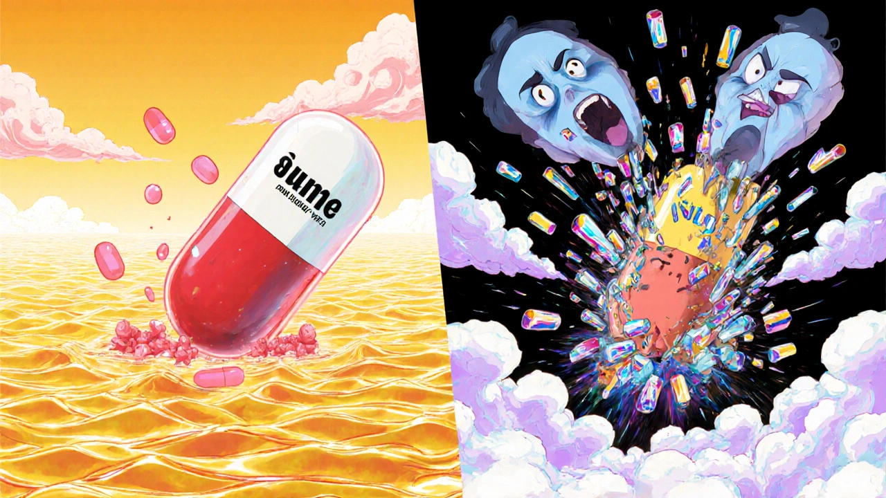 A pill dissolving into chaotic fragments in a stomach landscape, contrasting smooth brand-name dissolution with turbulent generic breakdown.