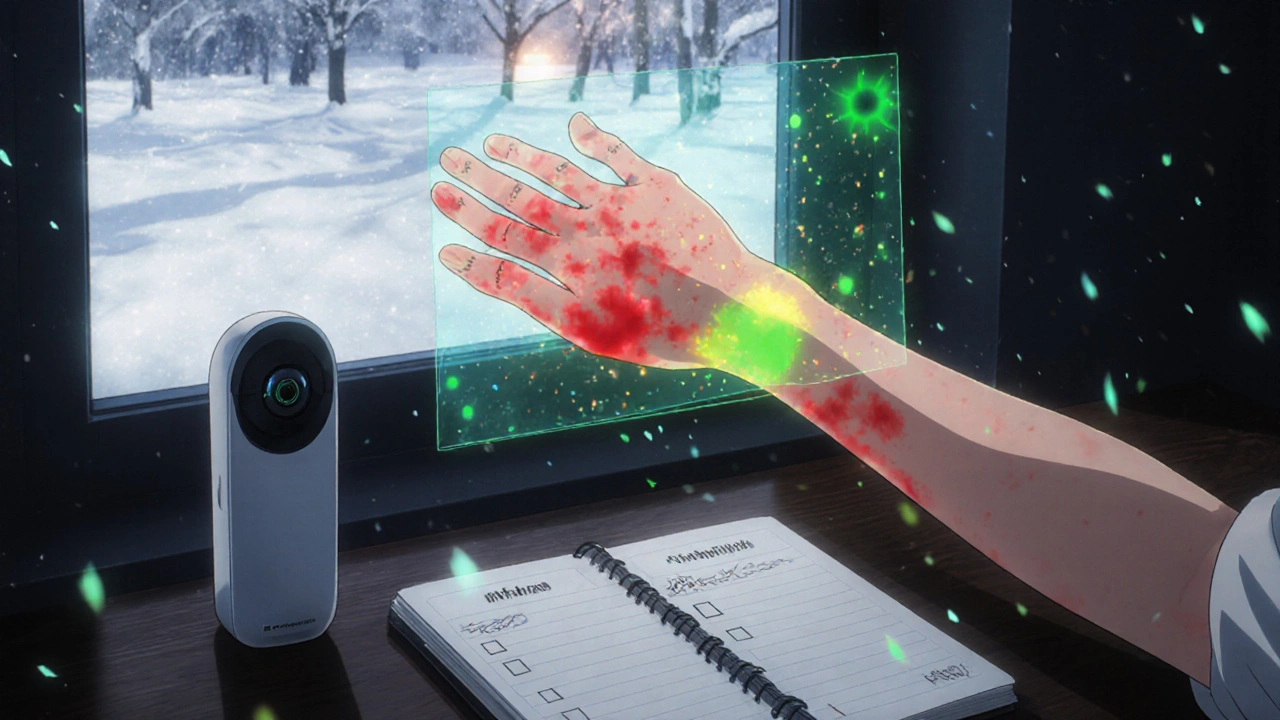 AI-powered home phototherapy device analyzing skin tone with color-mapping hologram.