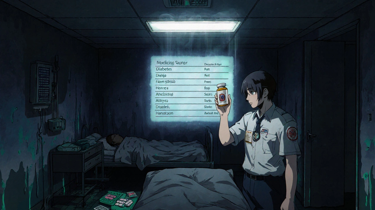 An emergency room scene with a paramedic holding original medicine bottles and a floating medical summary.