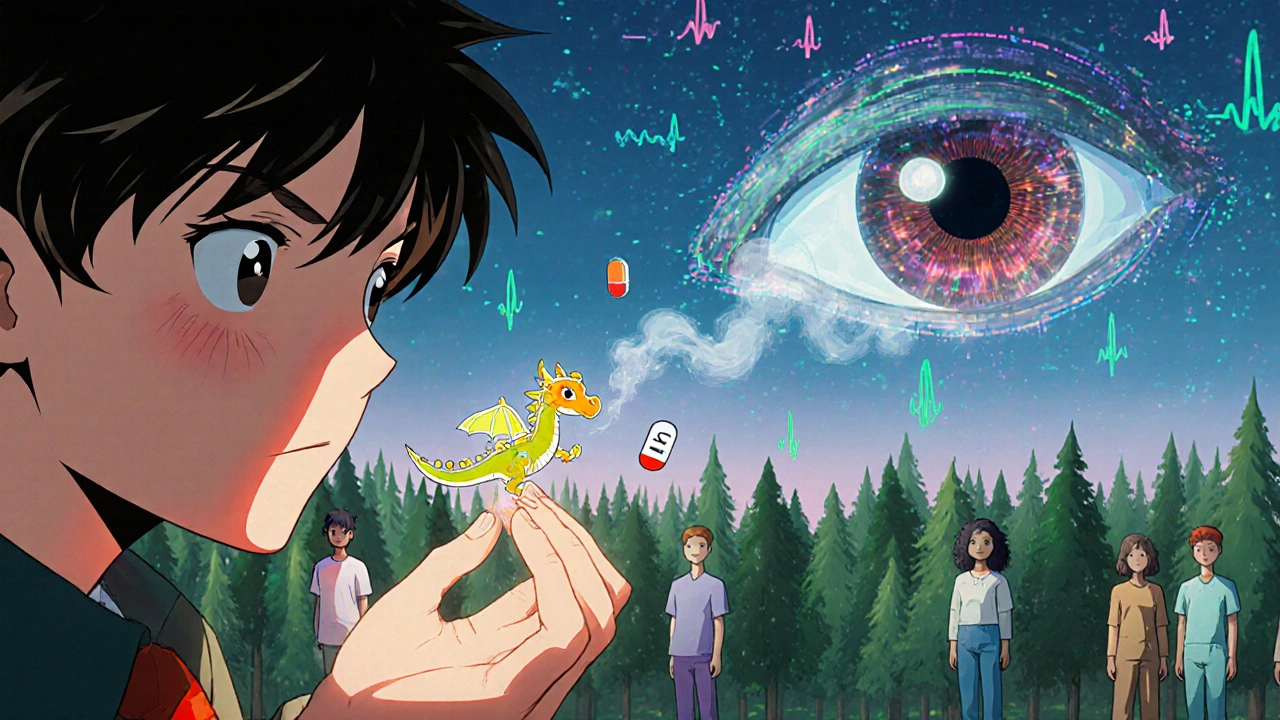 Child holding a pill that turns into a dragon breathing weight loss graphs, surrounded by pulsing patient avatars.