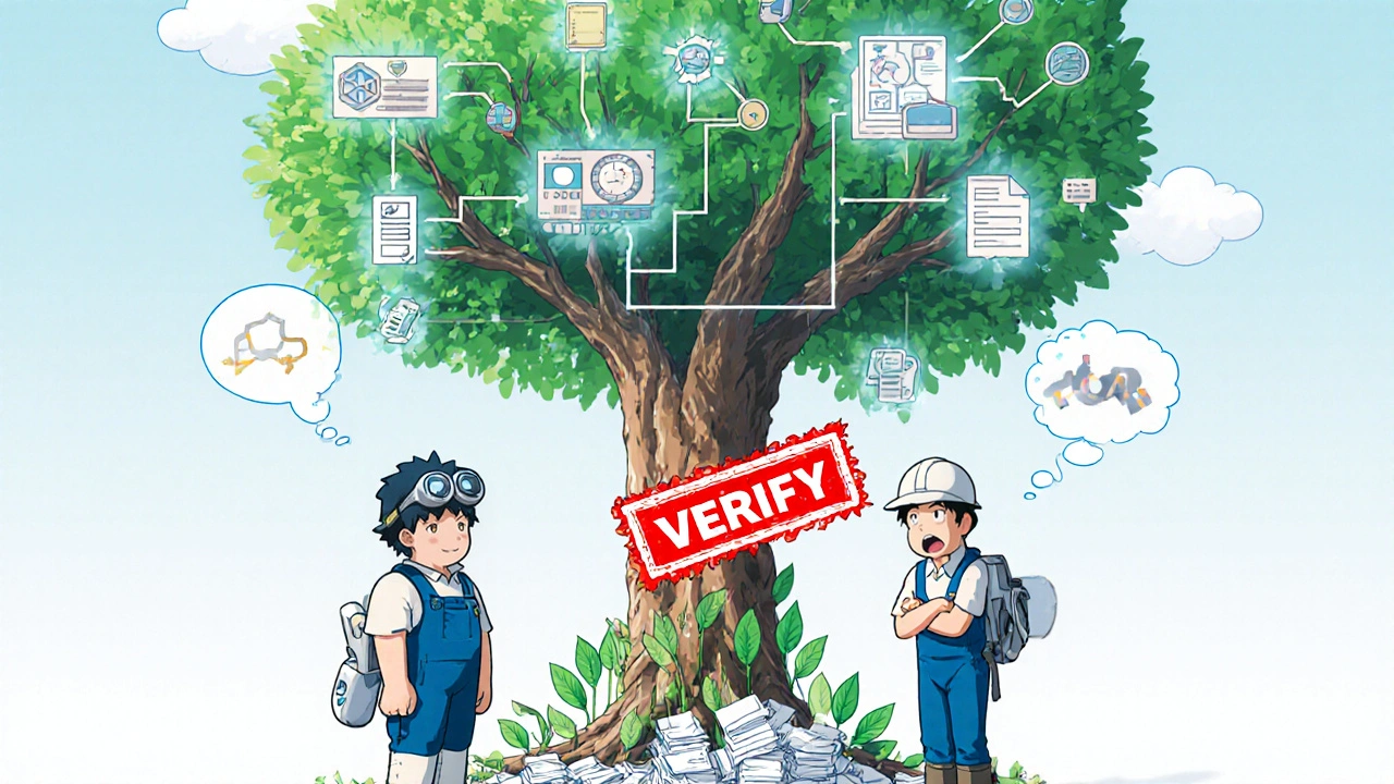 Colorful team gathered around a living holographic CAPA flowchart that turns into a tree with checklists as branches.