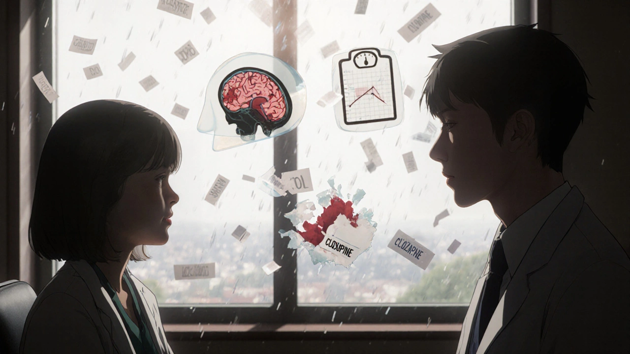 Doctor and patient in consultation with floating medical icons showing brain swelling, weight loss, and blood count changes.