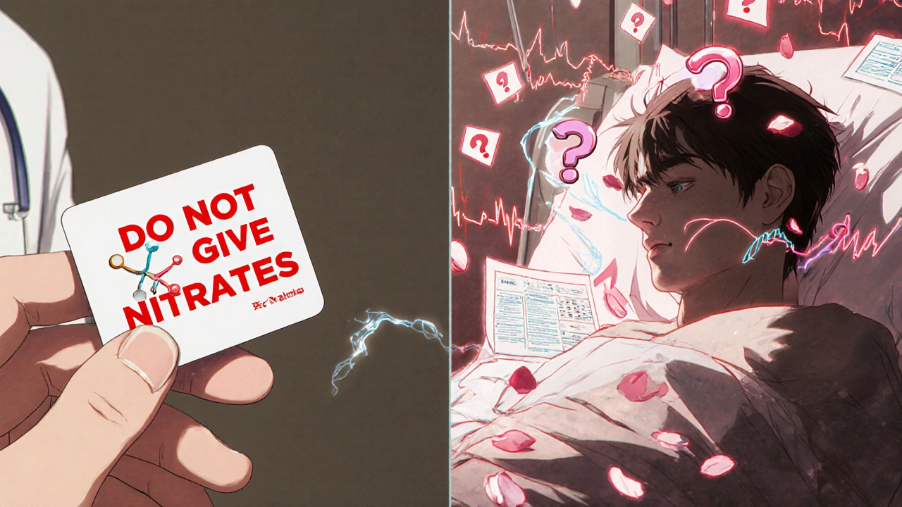 Doctor handing patient a warning card, same patient in hospital with IV fluids and deadly molecular embrace above.