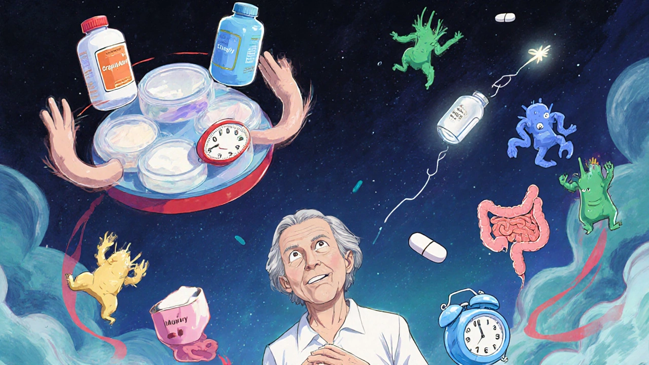 Elderly person surrounded by floating meds and digestive creatures, with a glowing pill organizer above.