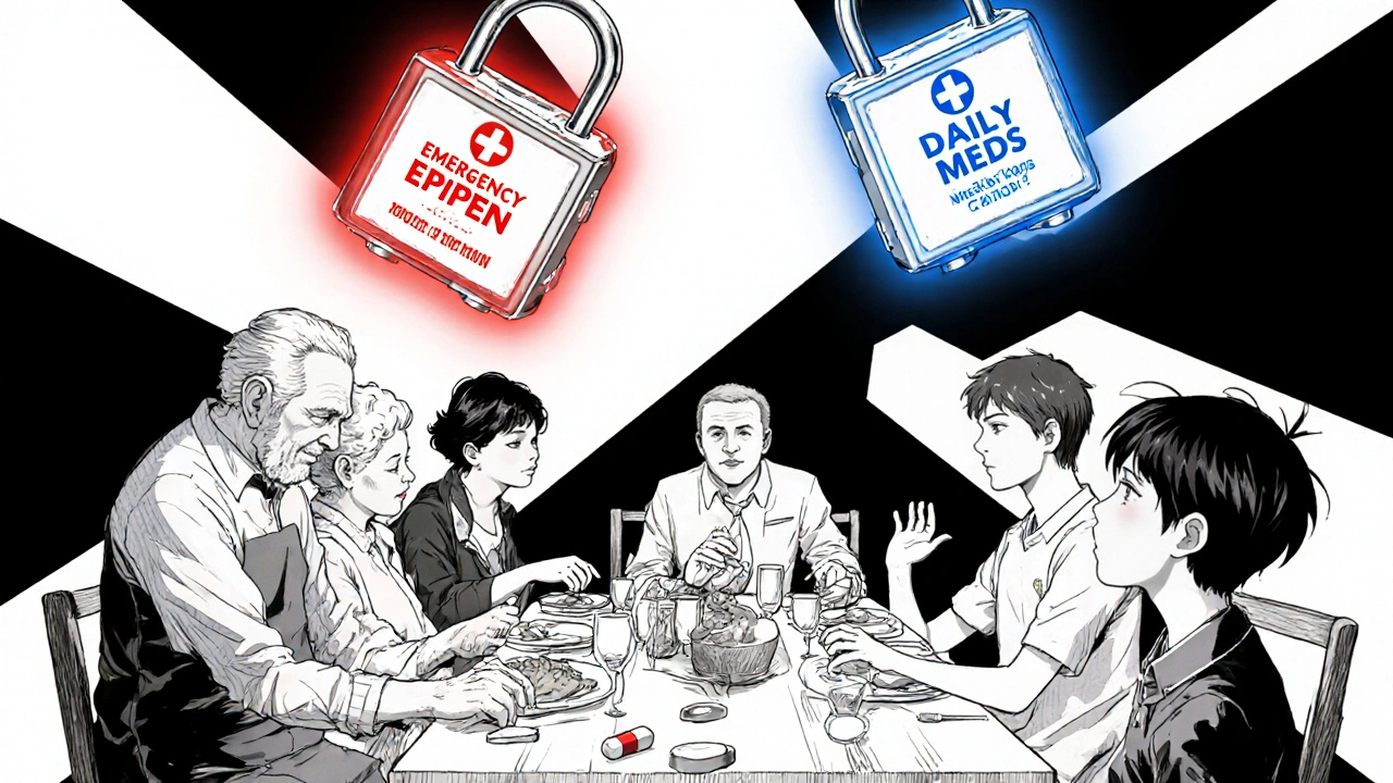 Floating lockboxes hover above a family dinner, one glowing red as a child reaches for a pill on the table.