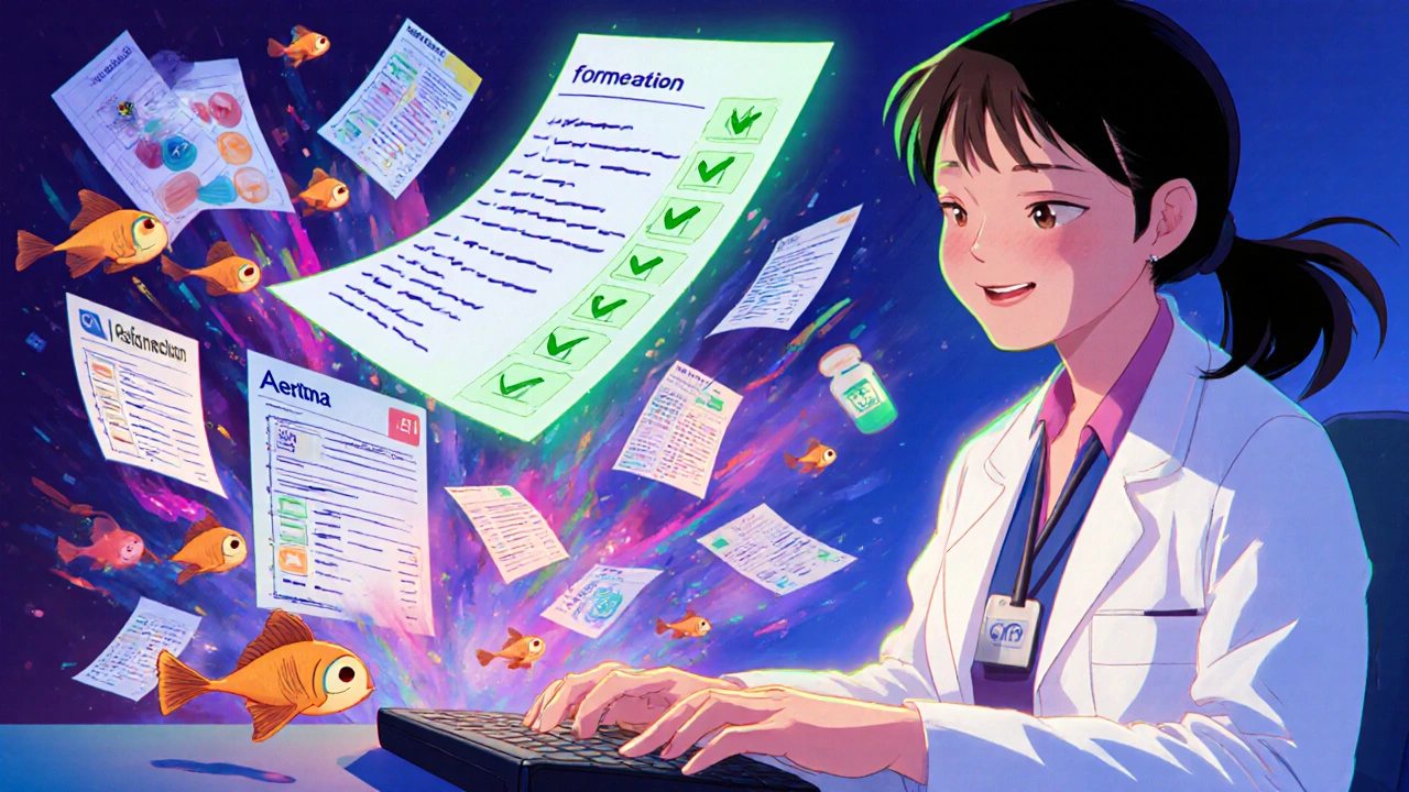 Medical assistant using an EHR system with dynamic formulary maps and insurance icons flying through the air.