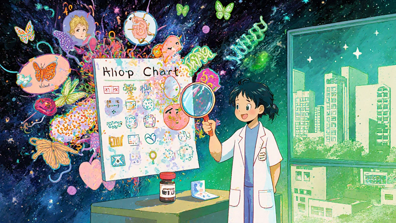 Medical chart exploding into a galaxy of symbols as an allergist examines a side chain.