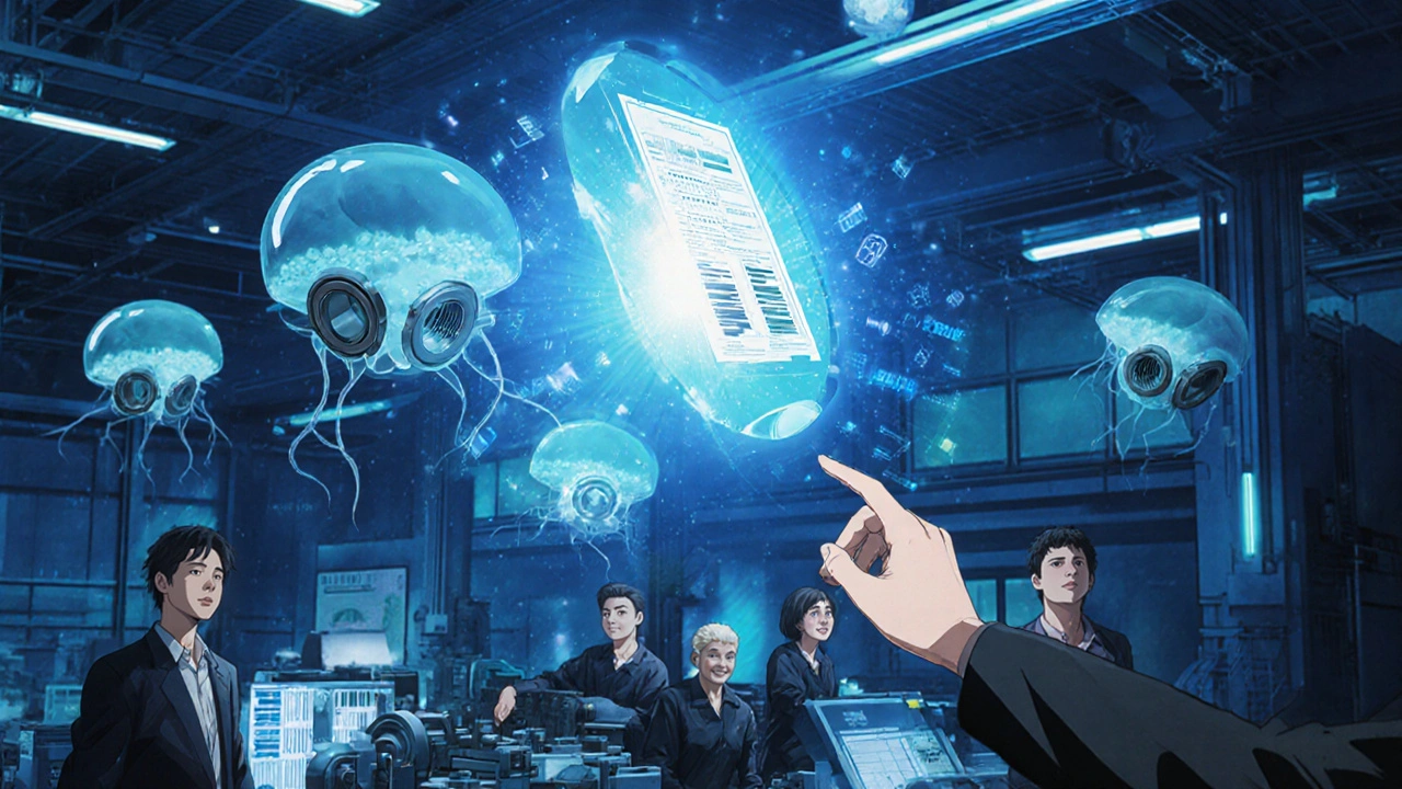 Neon-lit factory with floating AI sensors detecting vibration, a dissolving bearing, and a digital corrective action plan.