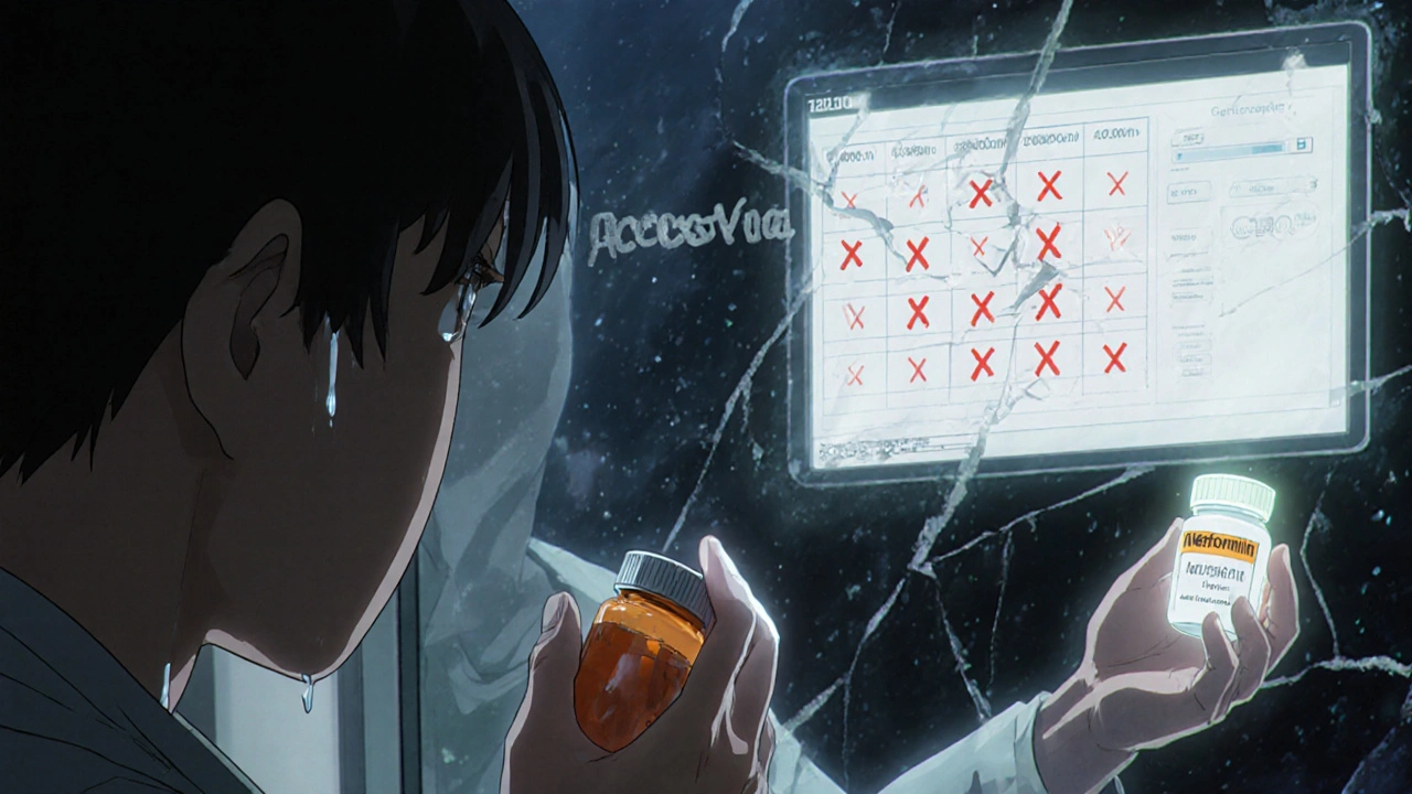 Patient holding an unopened pill bottle while a ghostly doctor offers a generic alternative through a glowing screen.