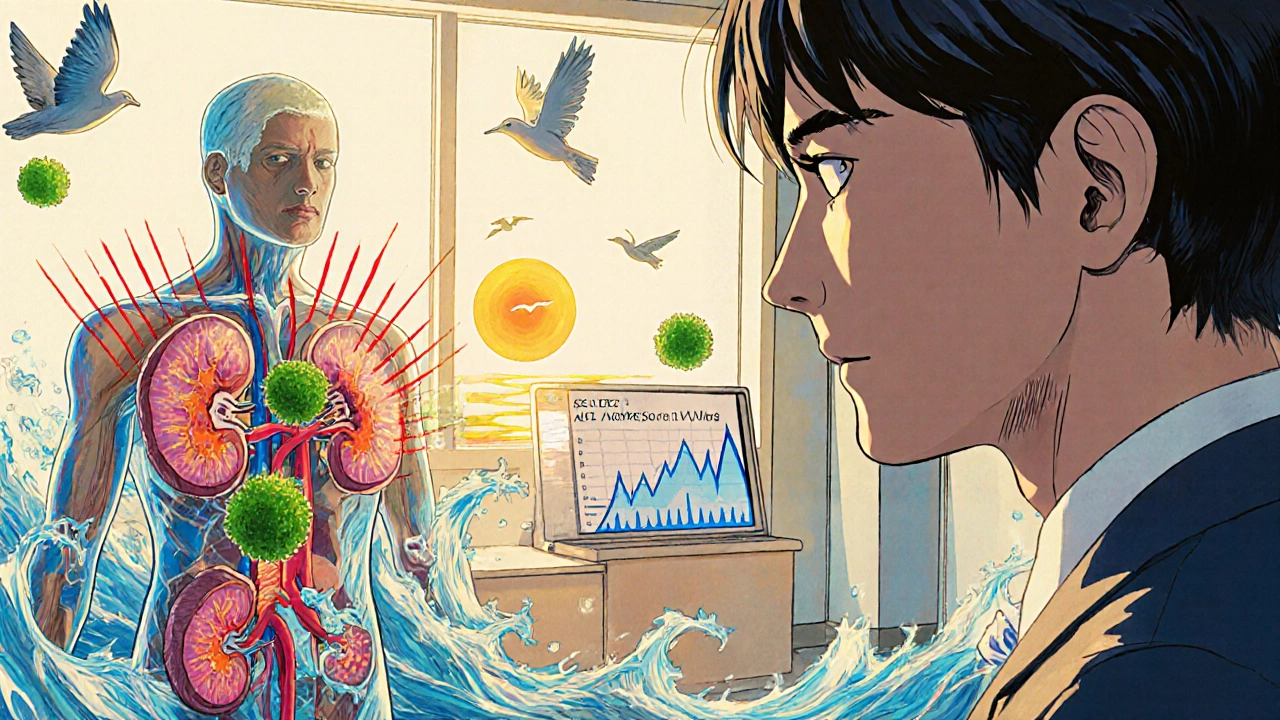 Patient with translucent body showing kidneys under attack, protected by glowing medical molecules.