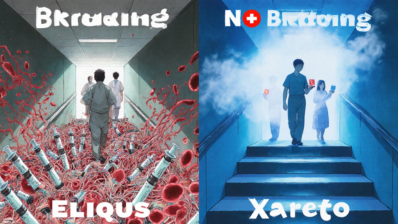 Patients walk on floating paths labeled &#039;Bridging&#039; and &#039;No Bridging&#039; in a surreal hospital corridor with contrasting chaos and calm.