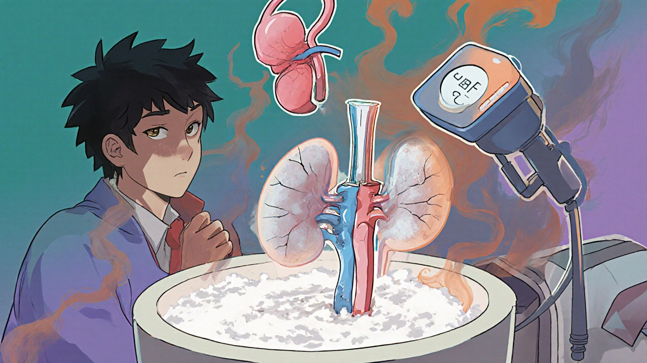 Person staring at foamy urine, reflection showing damaged kidney with medical icons floating nearby.