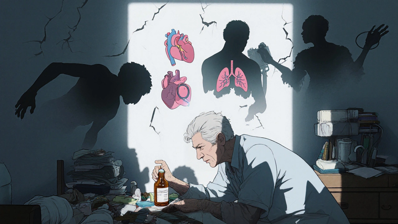 Senior reaching for cough medicine as shadowy dangerous ingredients loom behind.