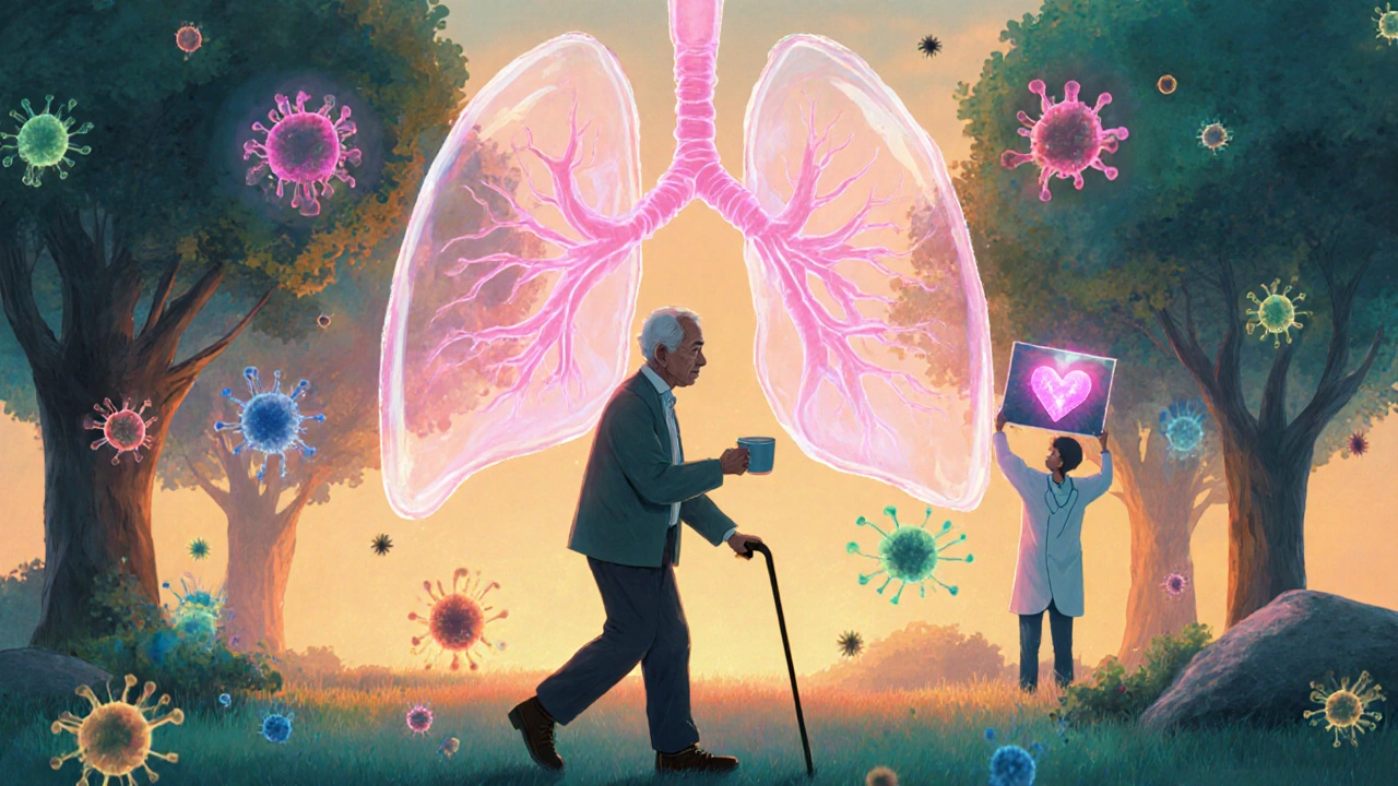 Senior walking in park, glowing lung visible, mucus wisps swirling like spirits.