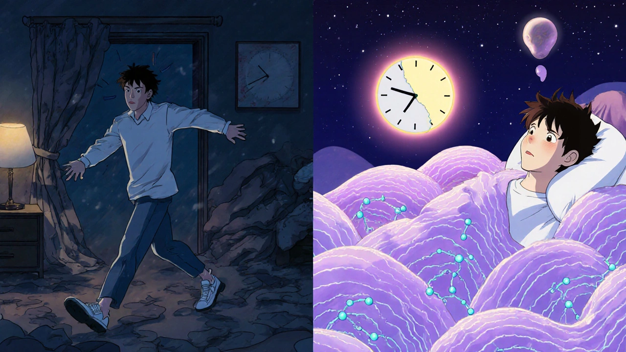 Split scene: one side shows restless pacing, the other peaceful sleep as neural therapy calms the body.