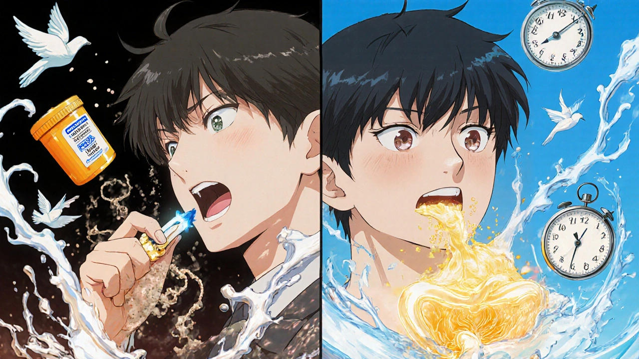 Split scene: pill turning to ash with coffee vs. glowing with water, showing medication absorption contrast.