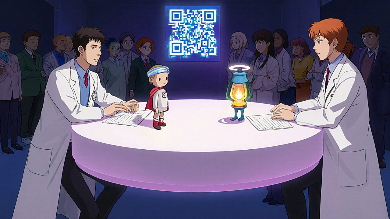 Two doctors argue over floating antiemetic icons — ondansetron, droperidol, dexamethasone — while patients transform from sick to vibrant.