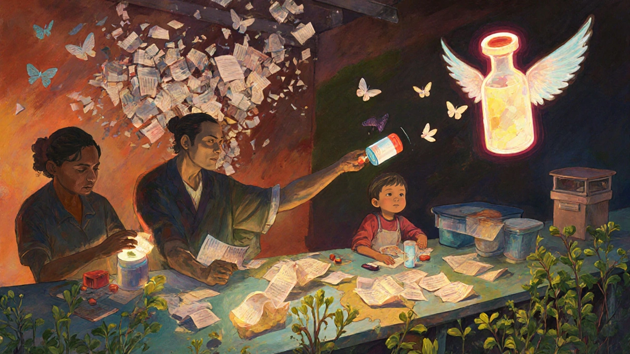 Workers build medicines from patent papers as a vial-shaped angel delivers hope, TRIPS treaty dissolving into butterflies.