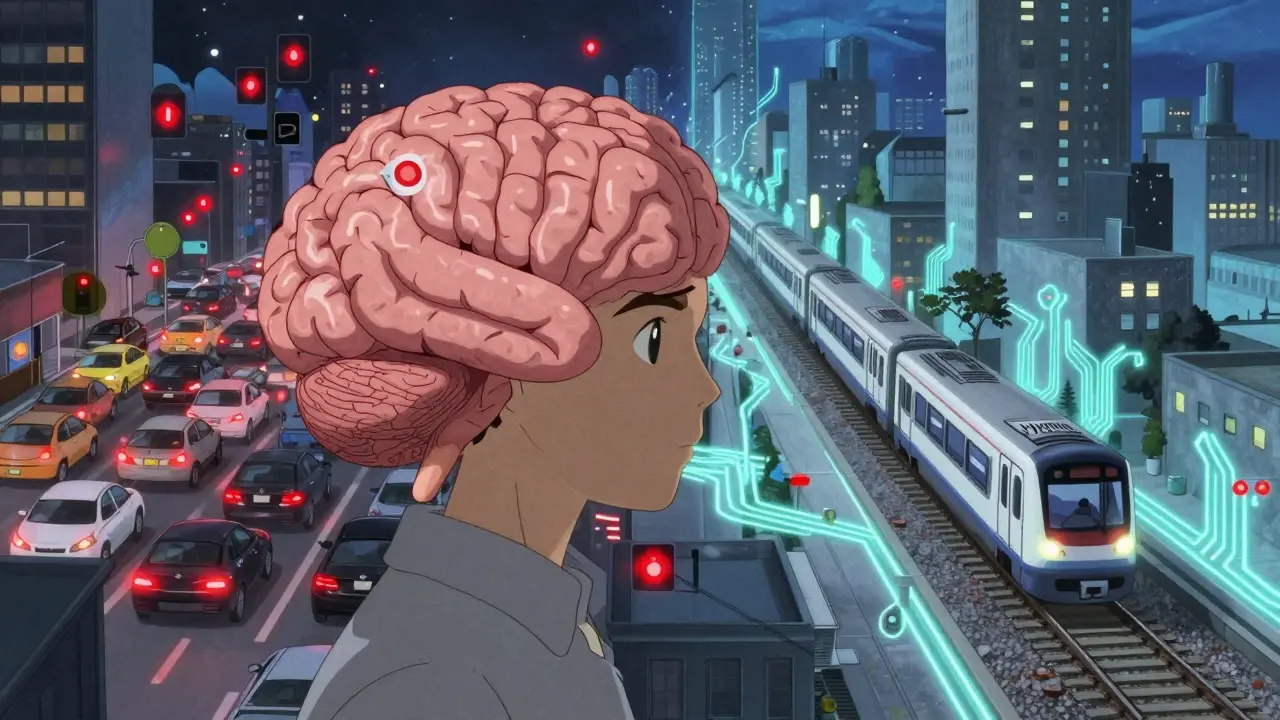 A brain depicted as a city where chaos transforms into orderly transit systems under glowing rails.
