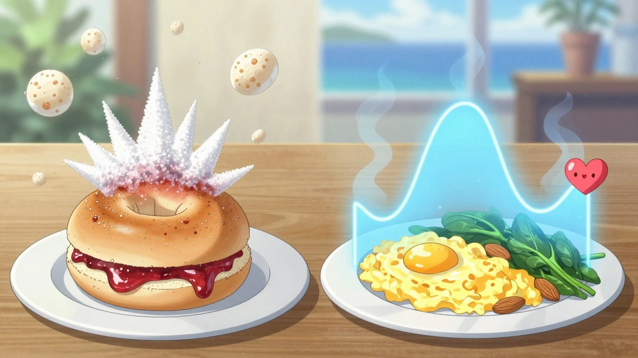 A breakfast transformation from sugary bagel to healthy eggs and almonds with calm glucose energy.