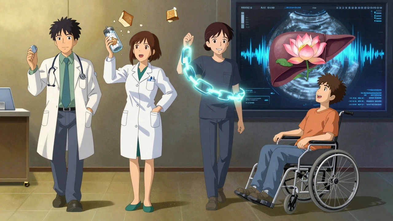 A care team of floating figures helping a patient rise as their liver transforms into a blooming lotus under AI data streams.