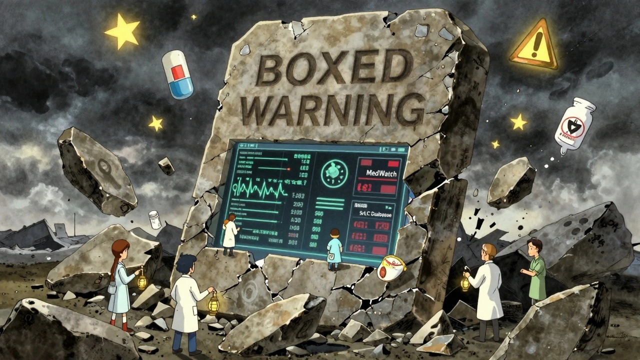 A crumbling stone warning tablet cracks open to reveal a digital dashboard of real-time drug safety data streams.