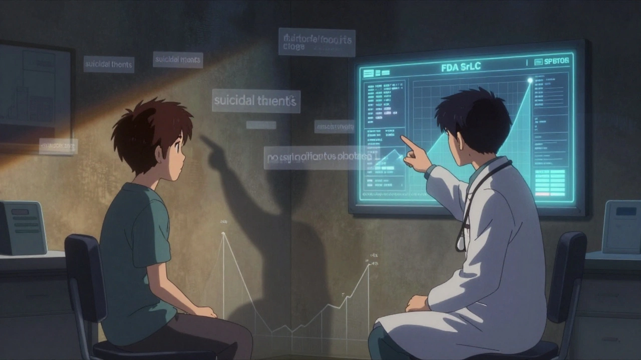 A doctor and patient sit across from each other as floating text changes from outdated to updated warning labels.