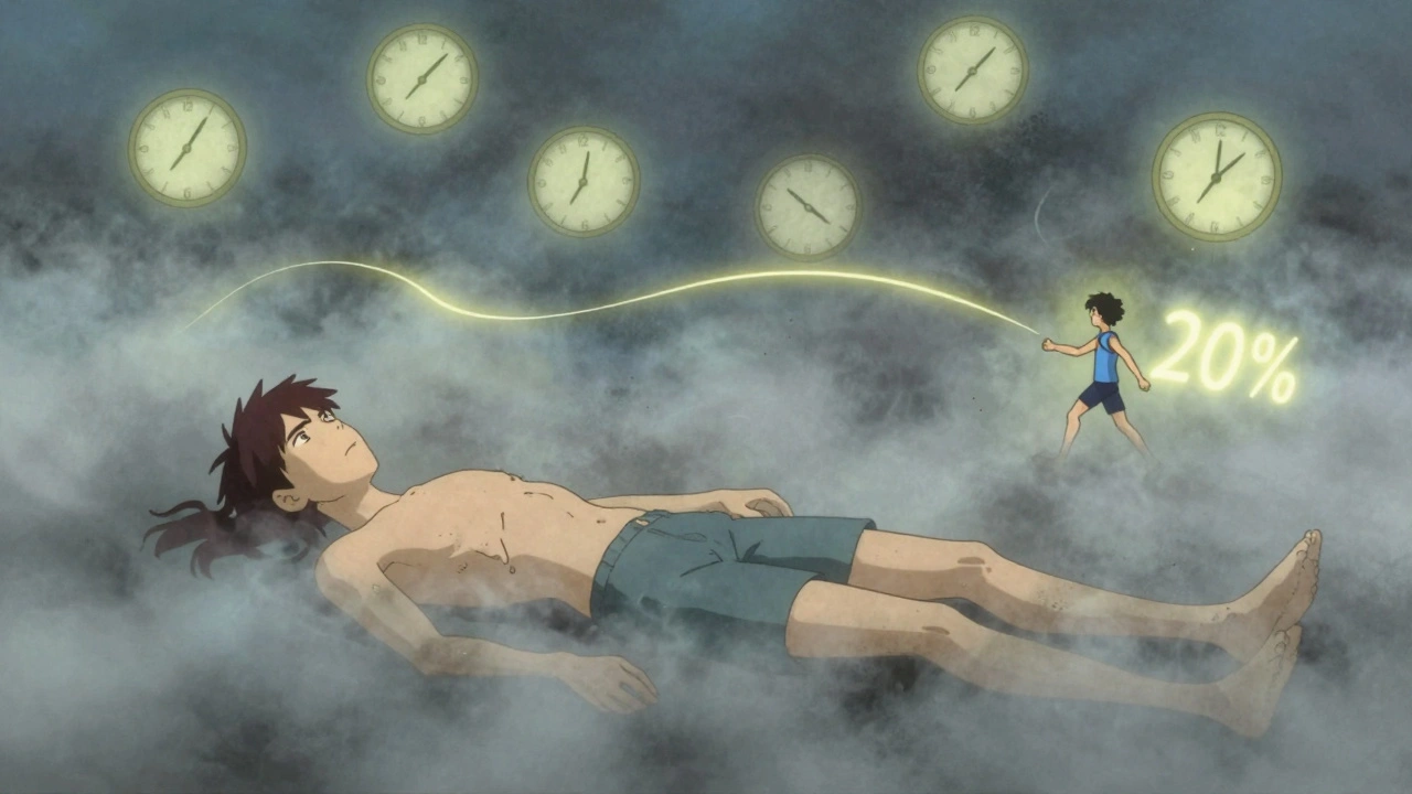 A figure exhausted in gray mist, pulled by a tiny walking figure symbolizing daily movement reducing fatigue.