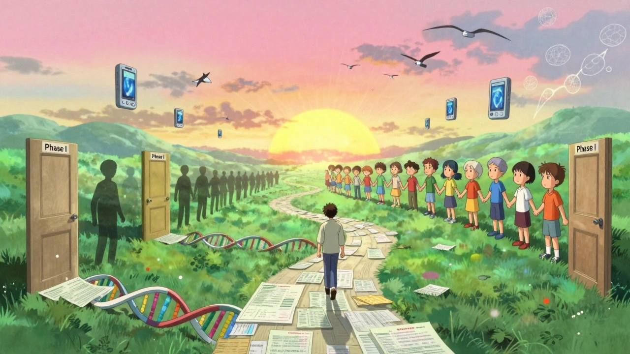 A figure walks a path of DNA and records toward a horizon of diverse people holding hands under a radiant sunrise.