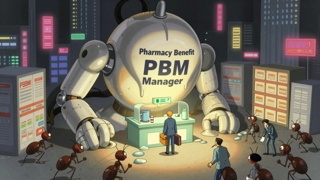 A giant PBM puppet looms over tiny drug makers in a neon supply chain city.