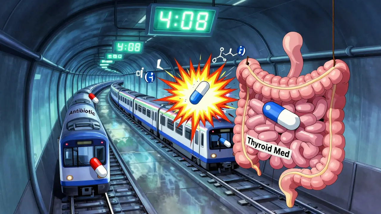 A glowing digestive tract subway where thyroid and antibiotic trains collide with magnesium freight cars.