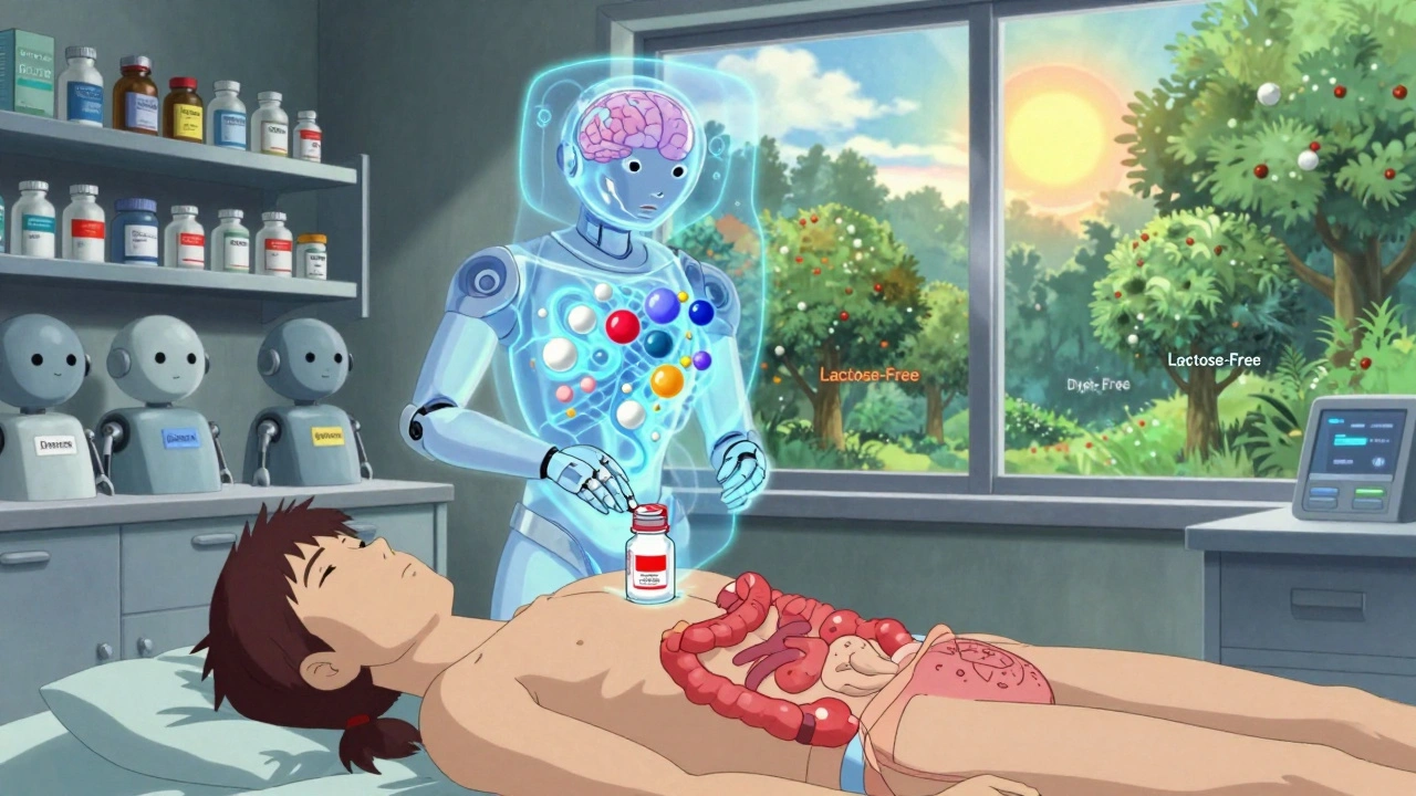 A holographic AI showing a patient&#039;s body with red zones marking excipient reactions, surrounded by generic pill robots.
