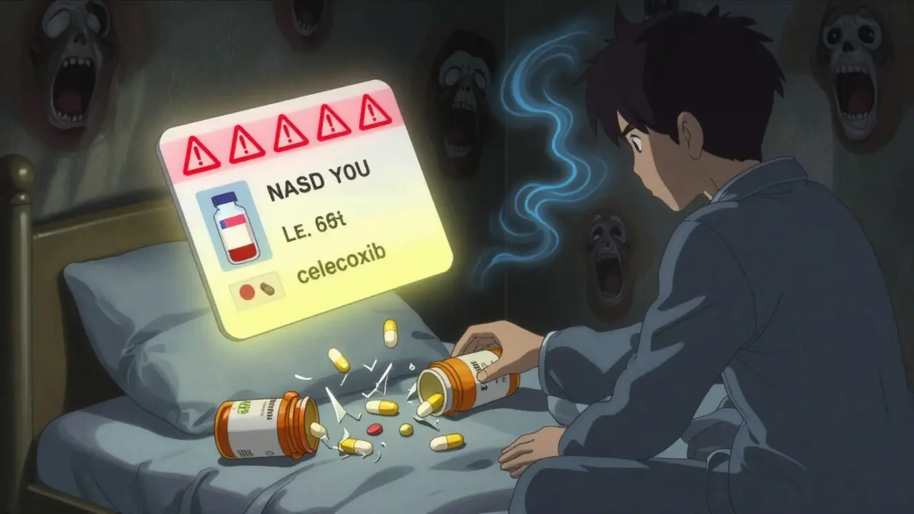 A medical alert card beside safe pain relief options, with hidden NSAIDs lurking in shadows.