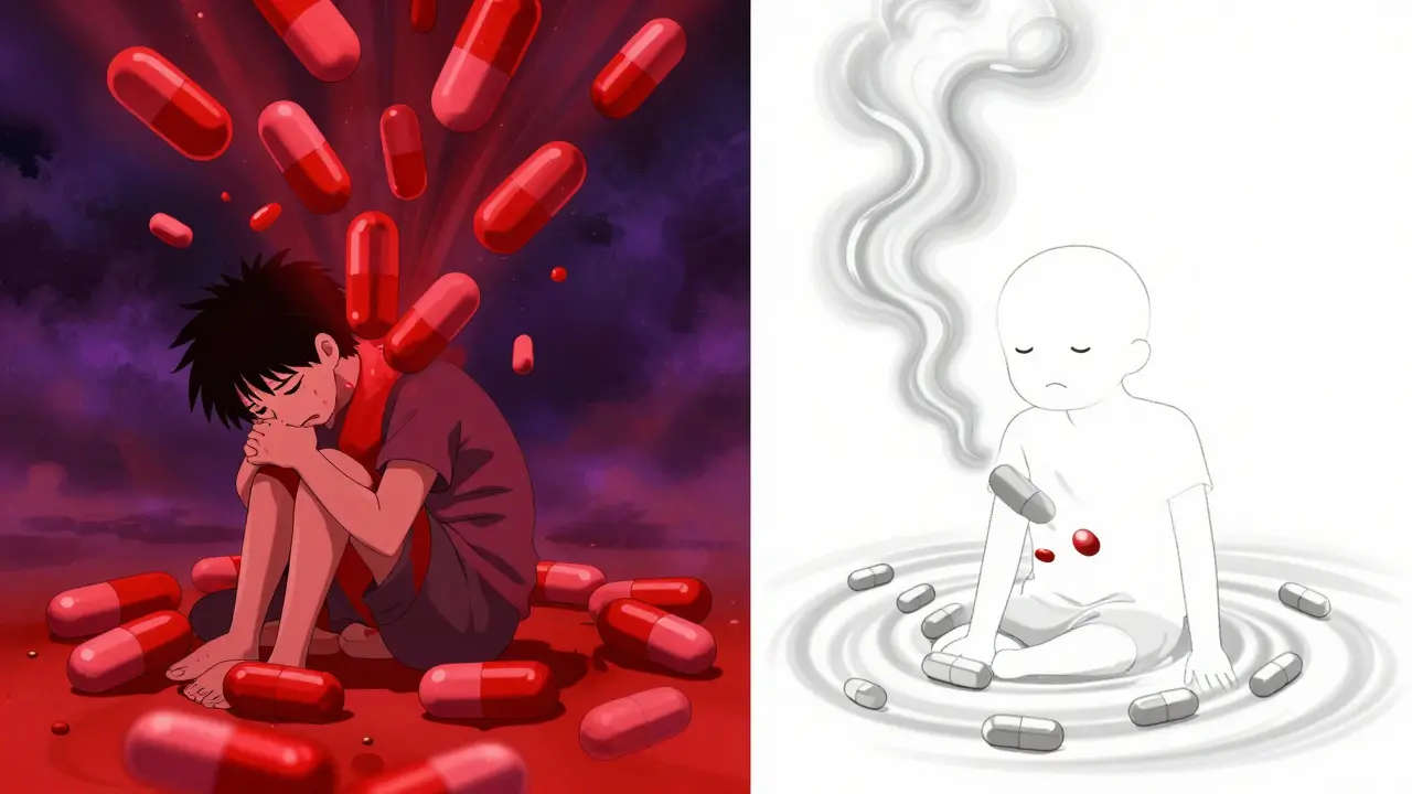A patient overwhelmed by flooding pills on one side, while pills vanish into smoke on the other.