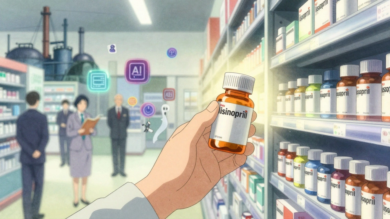A patient reaches for a generic pill as ghostly scenes of its journey fade behind.