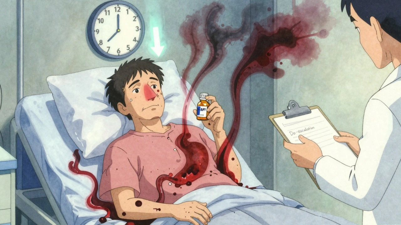 A patient surrounded by bleeding shadows while a clock counts down DAPT duration.