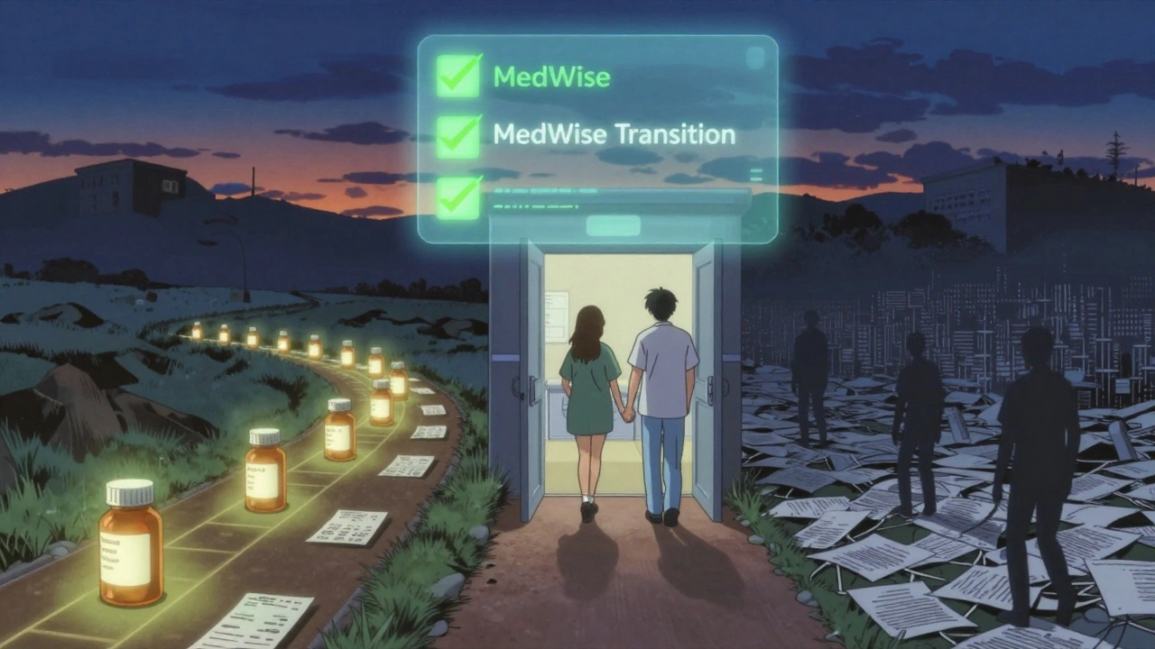 A patient walks toward three paths at hospital exit: one clear, one chaotic, one static, with a glowing AI interface above.