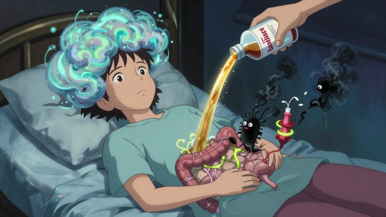 A patient with ammonia clouds in their head, lactulose flowing as golden river, and varices wrapped in glowing rubber bands.