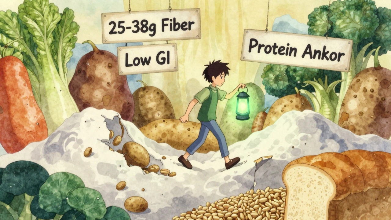 A person walking through a food landscape of healthy foods, avoiding sugar mountains in anime style.