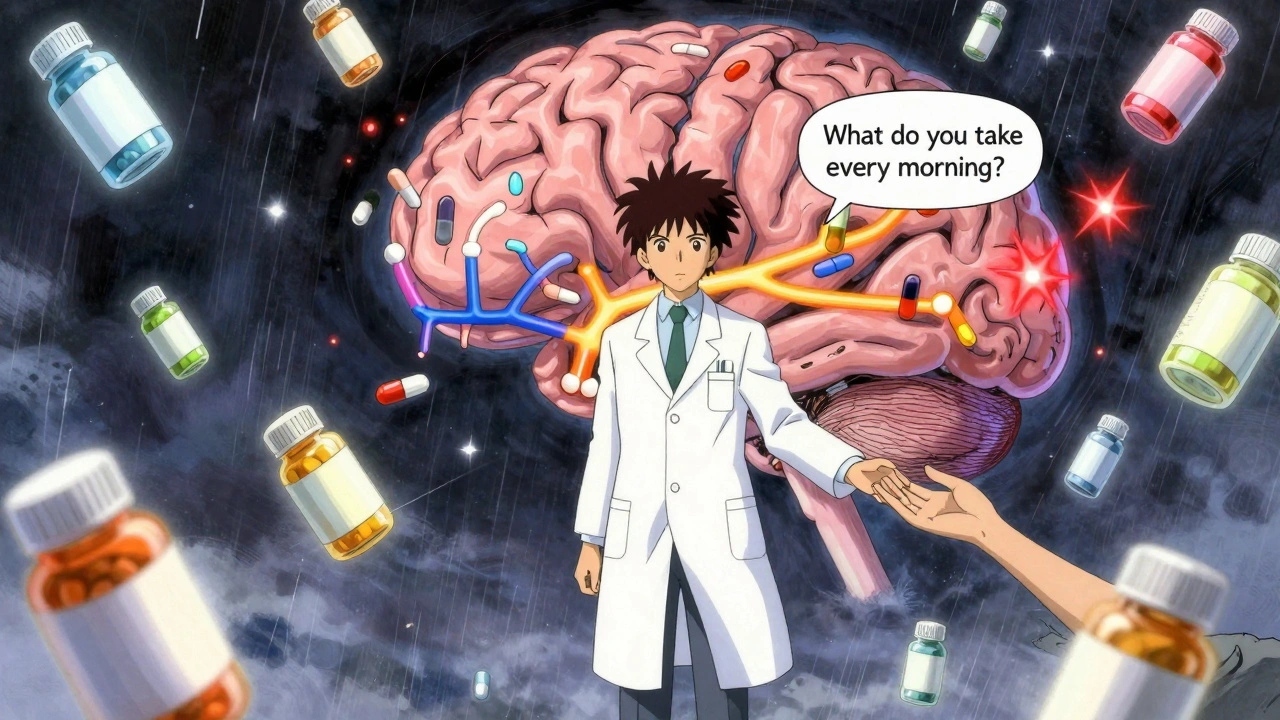 A pharmacist calmly holds a patient&#039;s hand amid floating glowing pill bottles, with neural pathways mapping drug interactions.