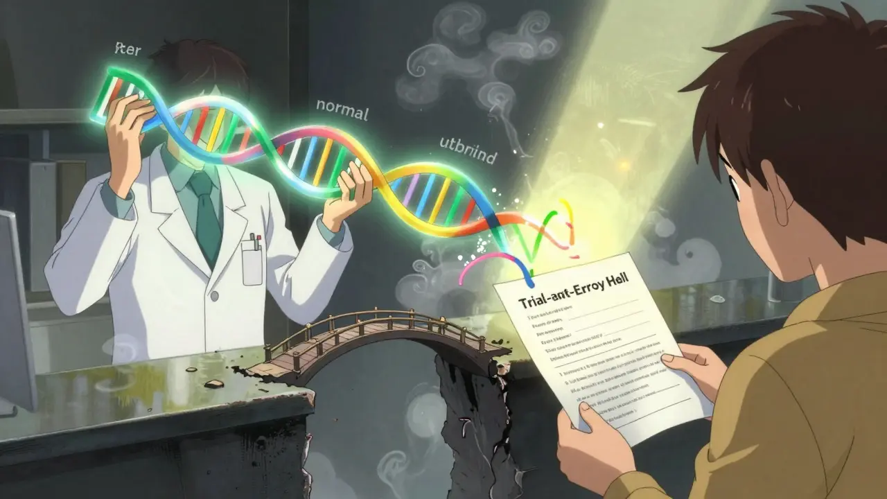 A pharmacist holds a DNA helix splitting into metabolic types, guiding a patient across a chasm.