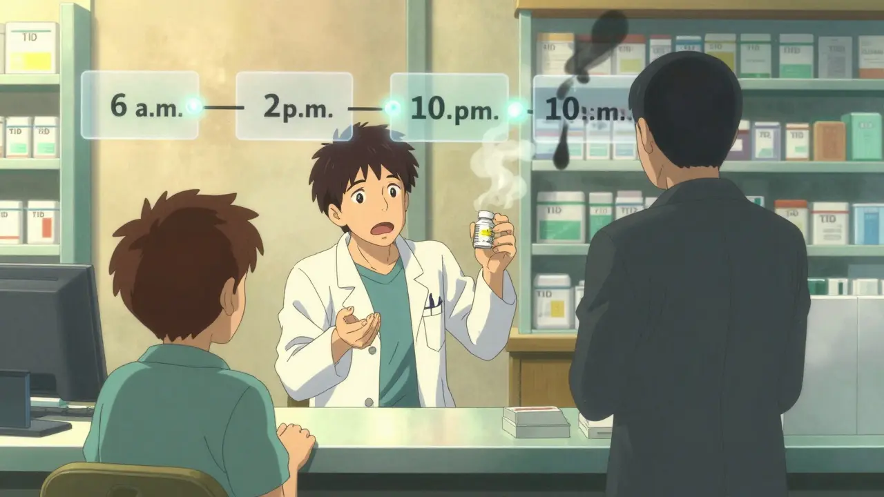 A pharmacist points to floating timelines showing correct dosing hours while a shadowy missed dose fades away in a bright pharmacy.