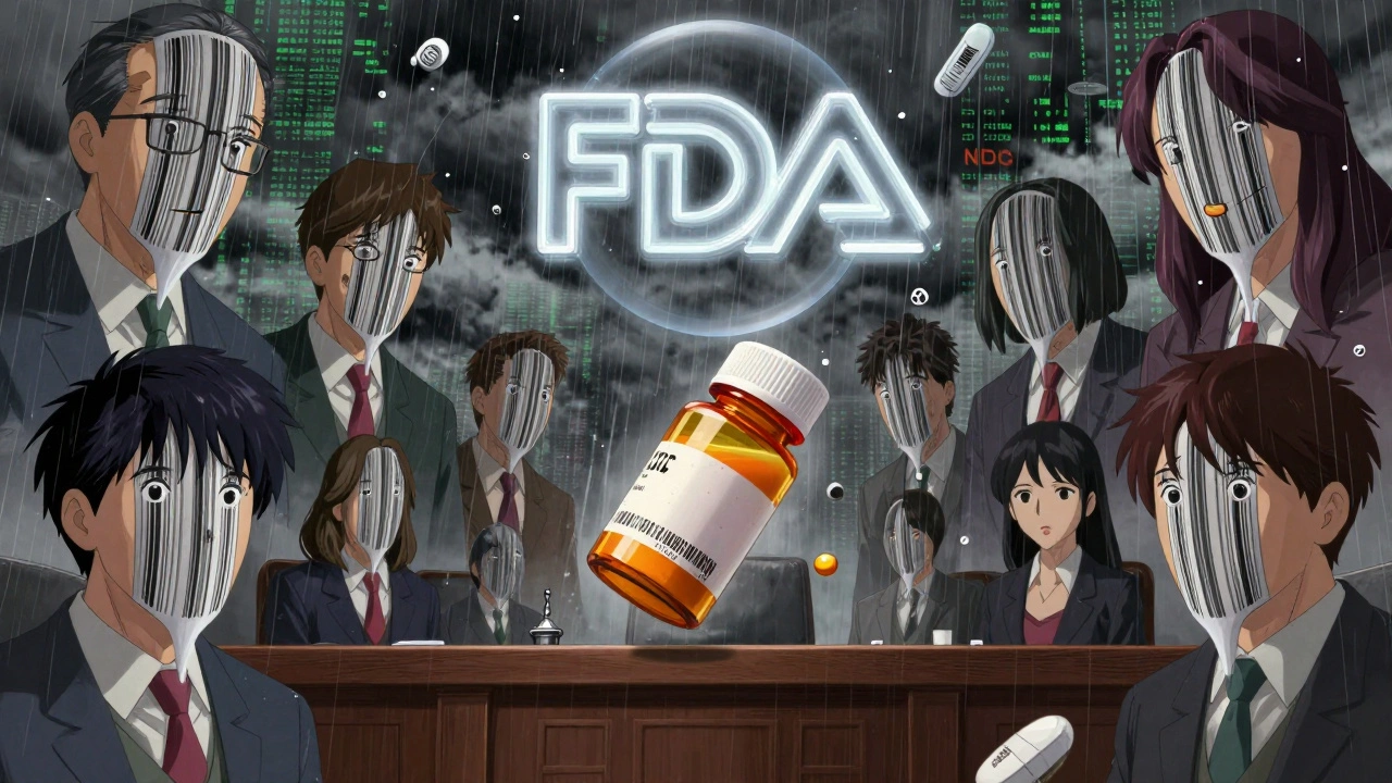 A pill bottle floats in a courtroom surrounded by melting faces and falling NDC codes under a giant FDA logo.