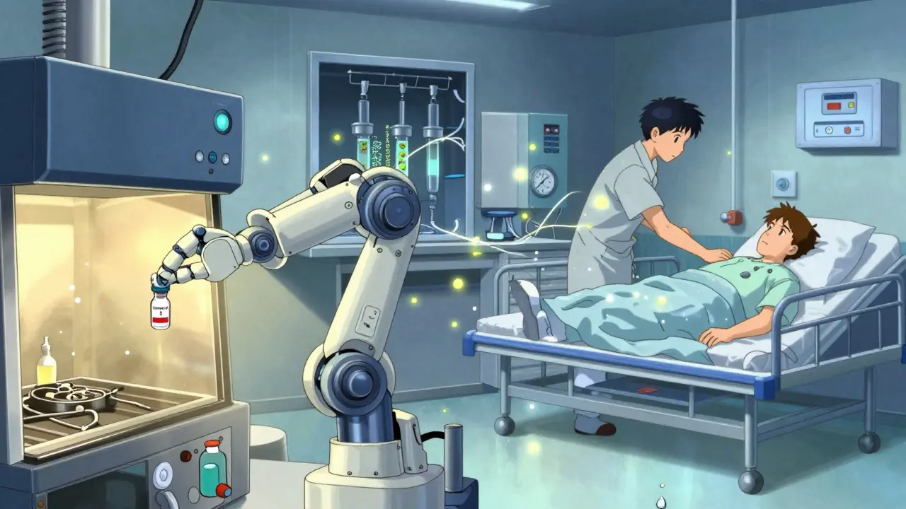 A robotic arm places a vial in a sterile isolator while a glowing thread connects it to a patient receiving the medicine.