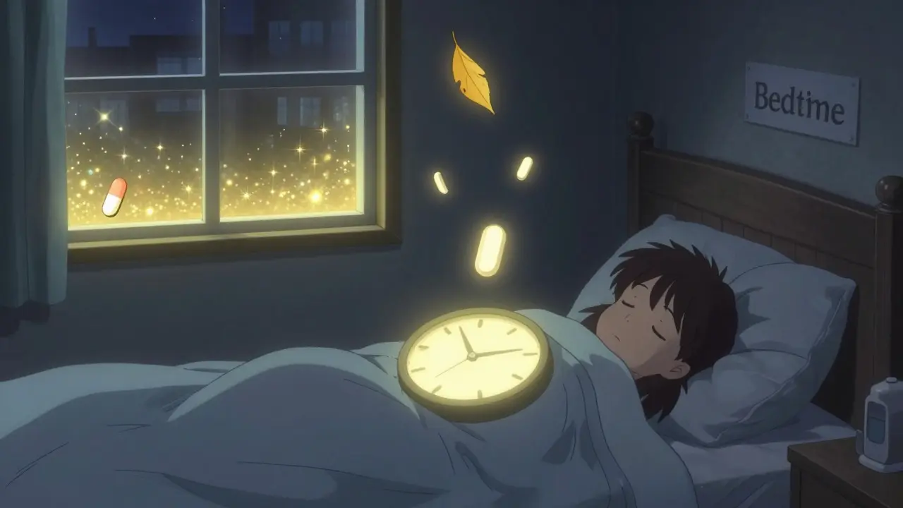 A sleeping person with a magnesium tablet drifting to a bedtime pillow, separated from a morning thyroid pill by golden light.