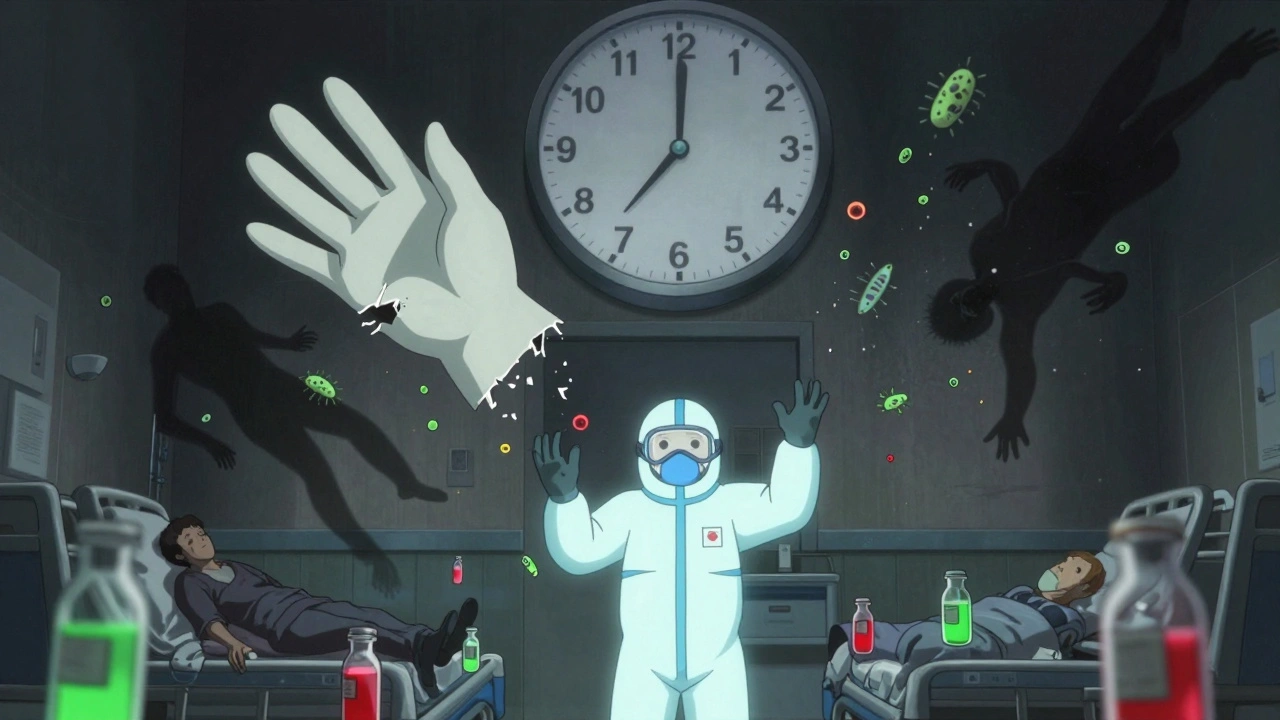 A torn glove releasing microbes that turn into collapsing patients, with floating vials and a ticking clock above.