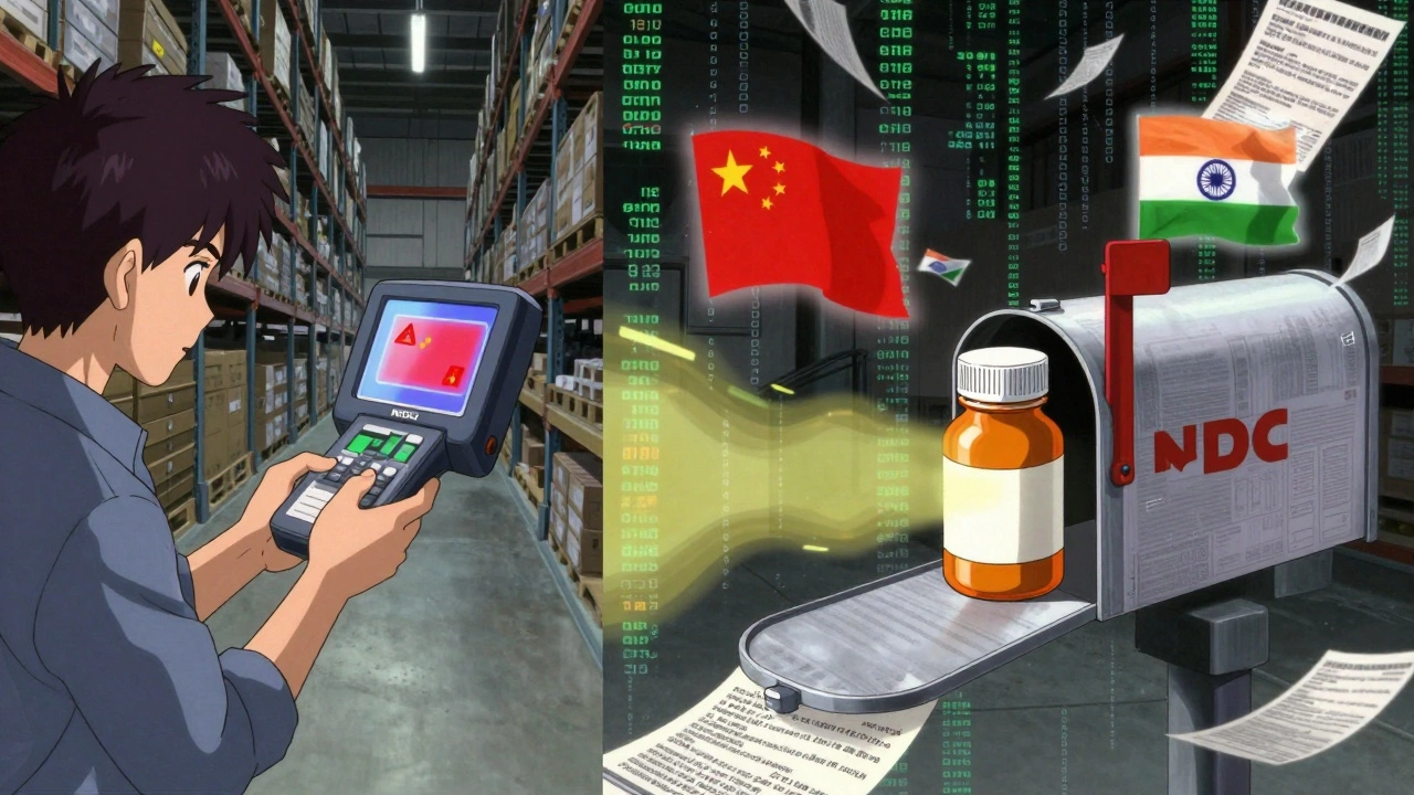 A warehouse scanner flags a fake drug package, while the same bottle ships overseas in a mailbox.