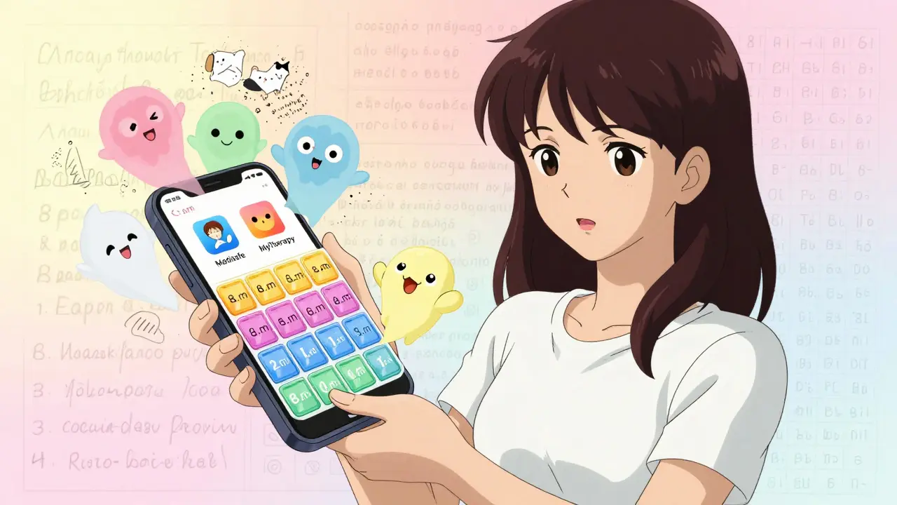 A woman holds a labeled pill organizer as animated app mascots guide her, while old Latin abbreviations dissolve into dust behind her.